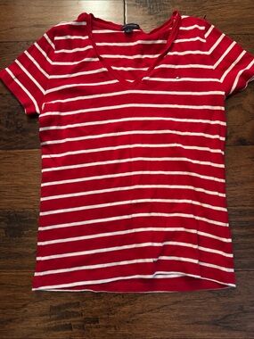 Tommy Hilfiger Red and White Striped V-Neck Short Sleeve Tee